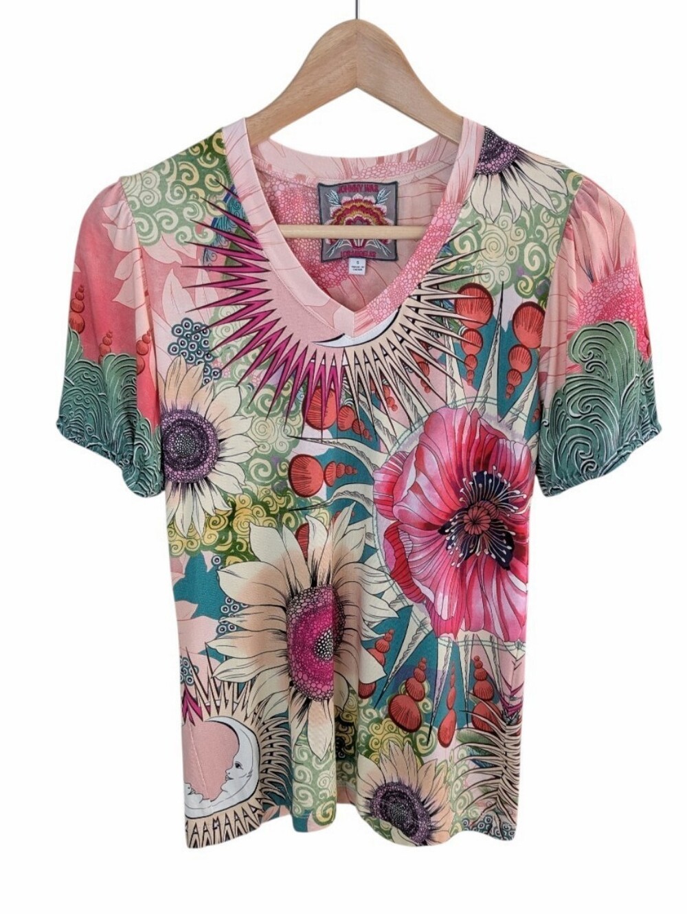 Johnny Was Janie Favorite V-neck Puff Sleeve Tee Small